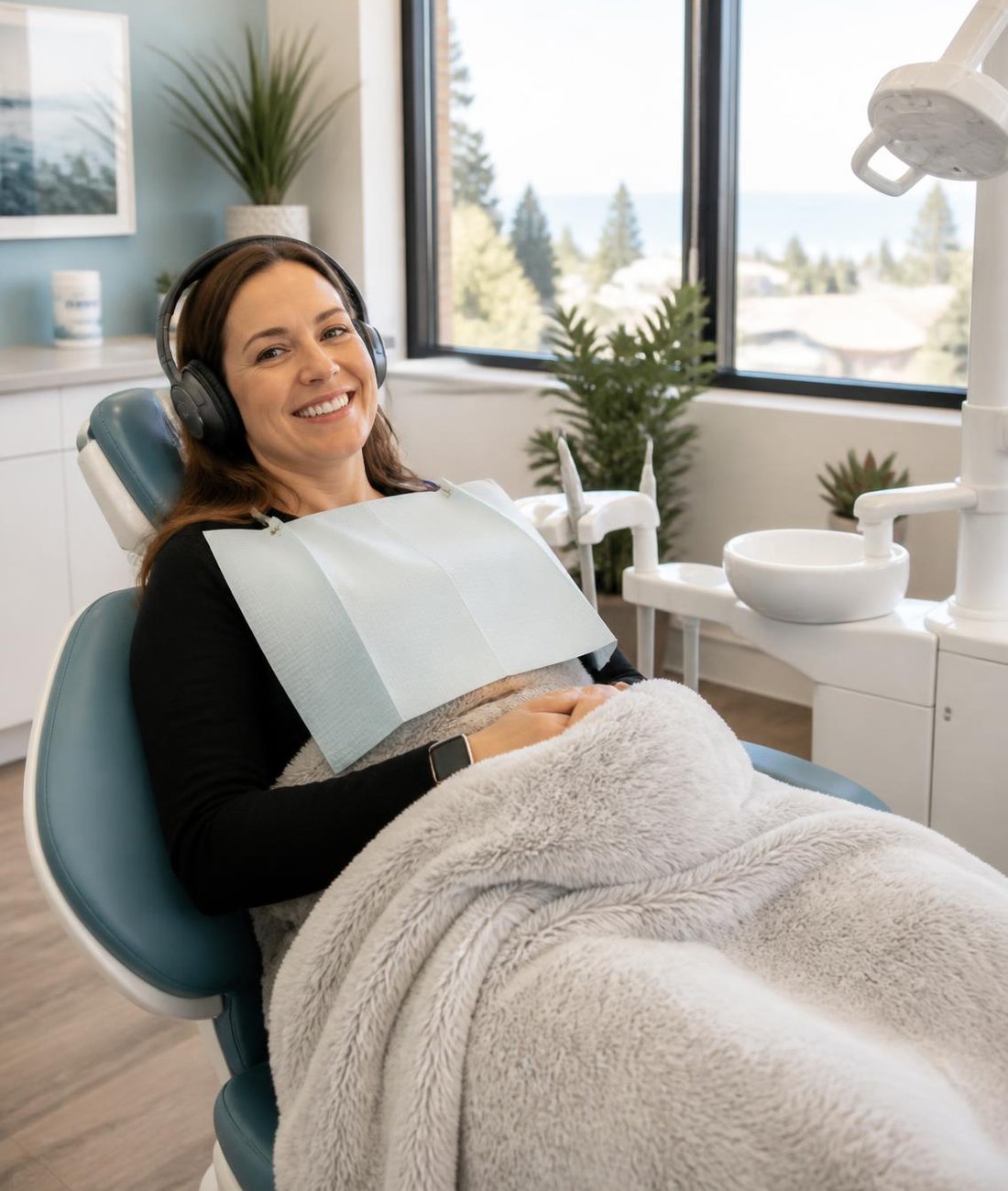 Patient relaxing in a dental chair with headphones and a blanket